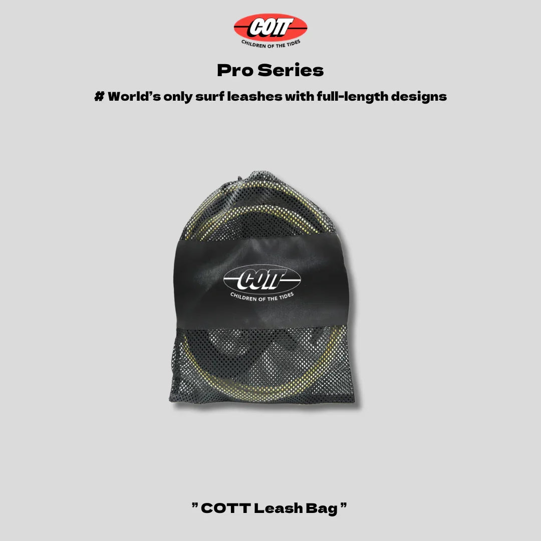 COTT Pro Series surf leash in mesh bag, full-length design for surfers, durable and stylish gear