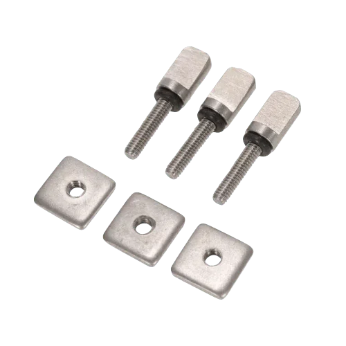 Stainless steel surfboard leash hardware with square plates and threaded bolts