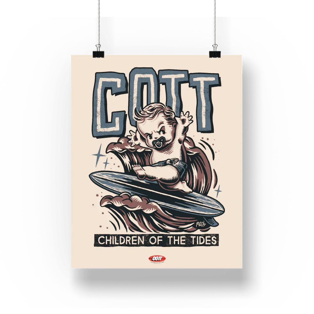COTT Children of the Tides surf art poster with baby surfer design